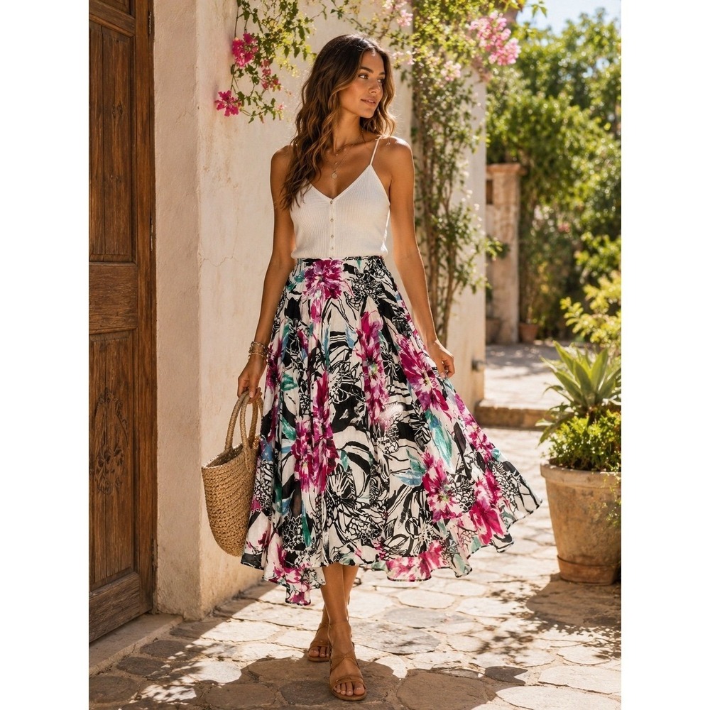 Olivia Grace Floral Cotton Midi Skirt XL Pink Black White Boho Flowy